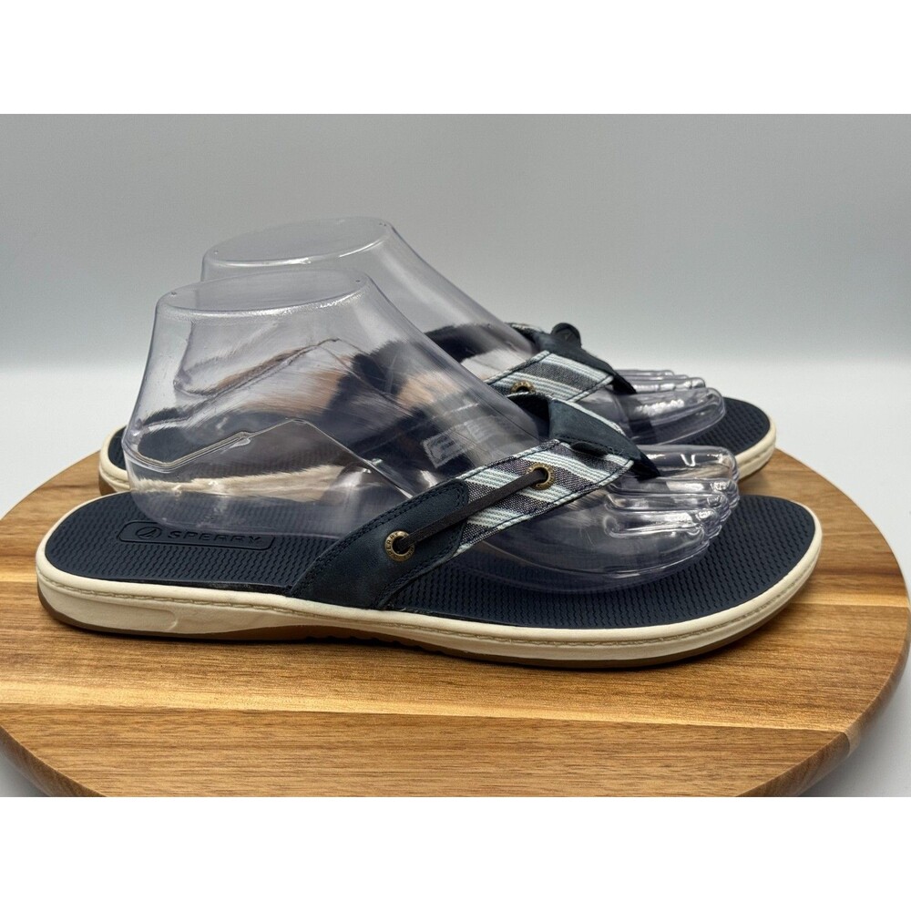 SPERRY Seafish Mariner Stripe Womens Flip Flops Thong Navy Blue STS88591 Size 10